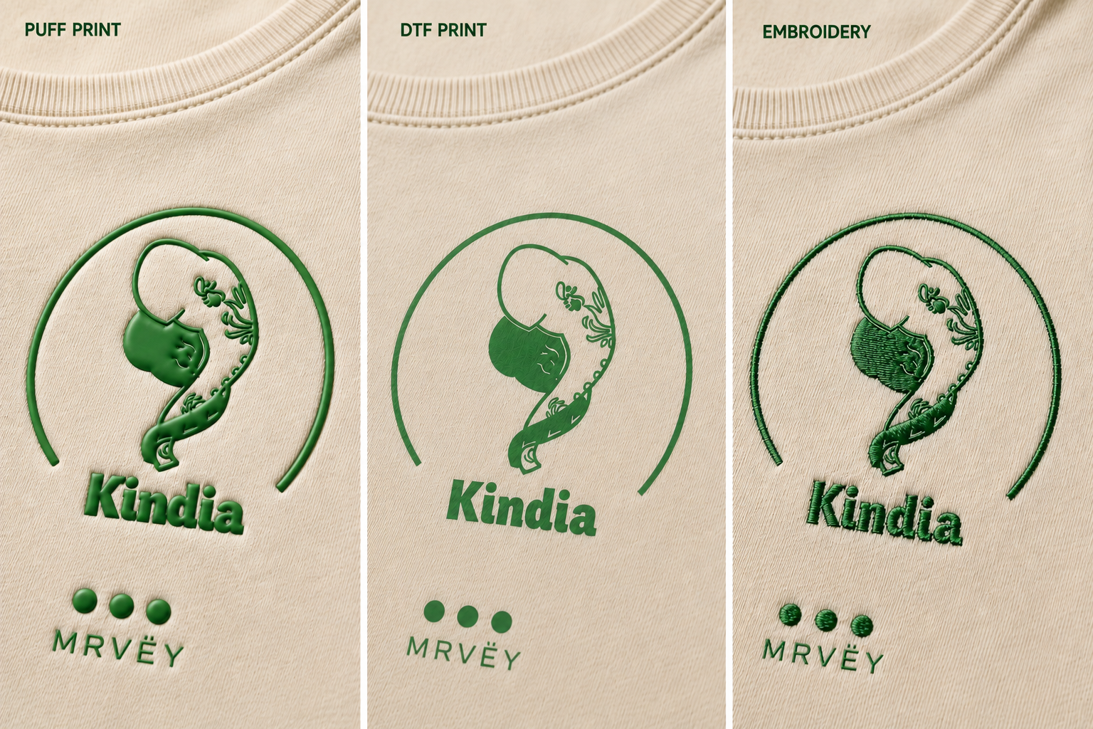 Puff print, DTF print, and embroidery technique comparison on fabric